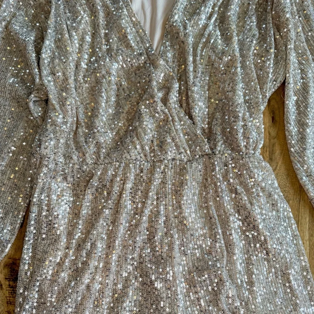 Endless Rose Champagne Sequin Wrap Romper Long Sleeve Party Size L